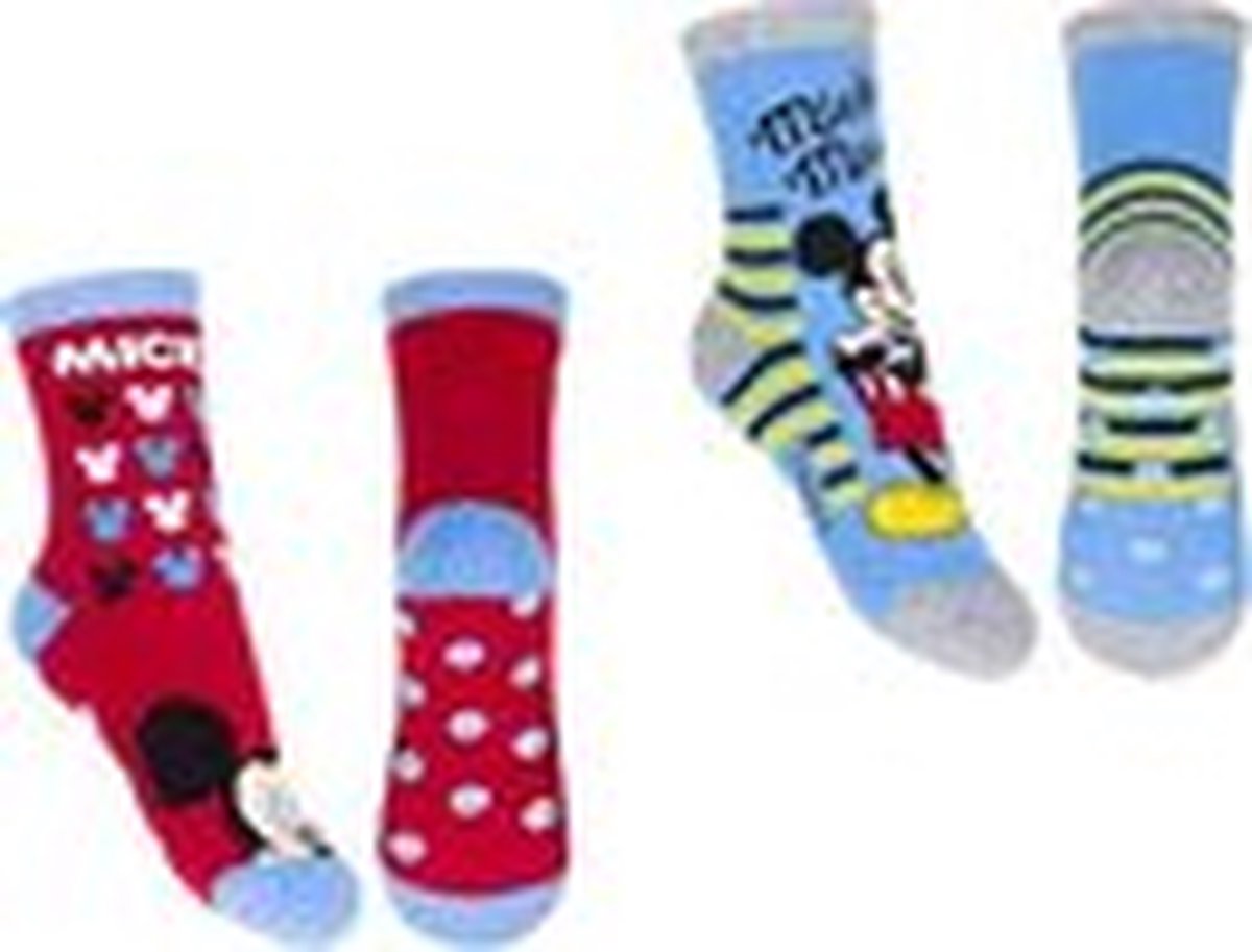 Disney Mickey Mouse - Anti slip Rood/Licht blauw Multipack Unisex Sokken - 31-34