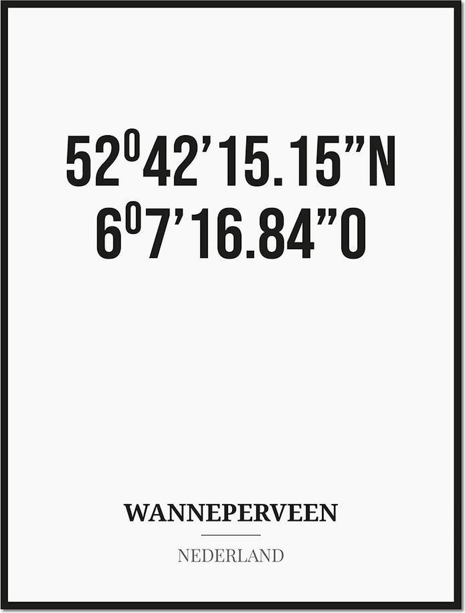 Studio216 Poster/kaart WANNEPERVEEN met coördinaten zwart, wit
