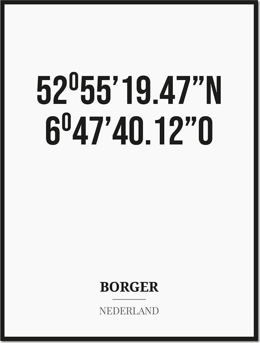 Studio216 Poster/kaart BORGER met coördinaten zwart, wit