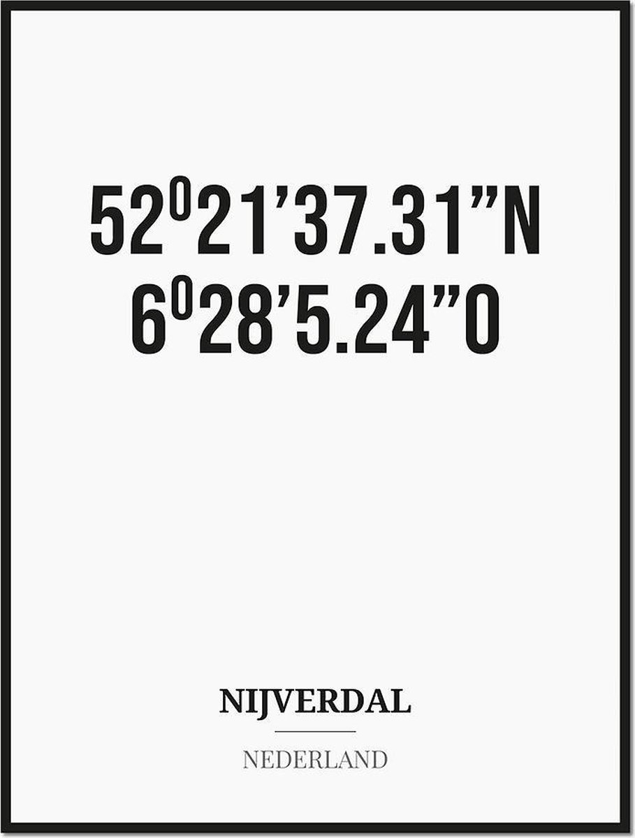 Studio216 Poster/kaart NIJVERDAL met coördinaten zwart, wit