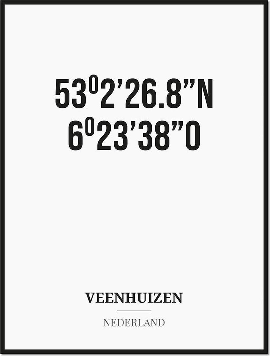 Studio216 Poster/kaart VEENHUIZEN met coördinaten zwart, wit
