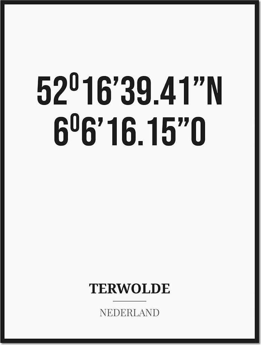 Studio216 Poster/kaart TERWOLDE met coördinaten zwart, wit