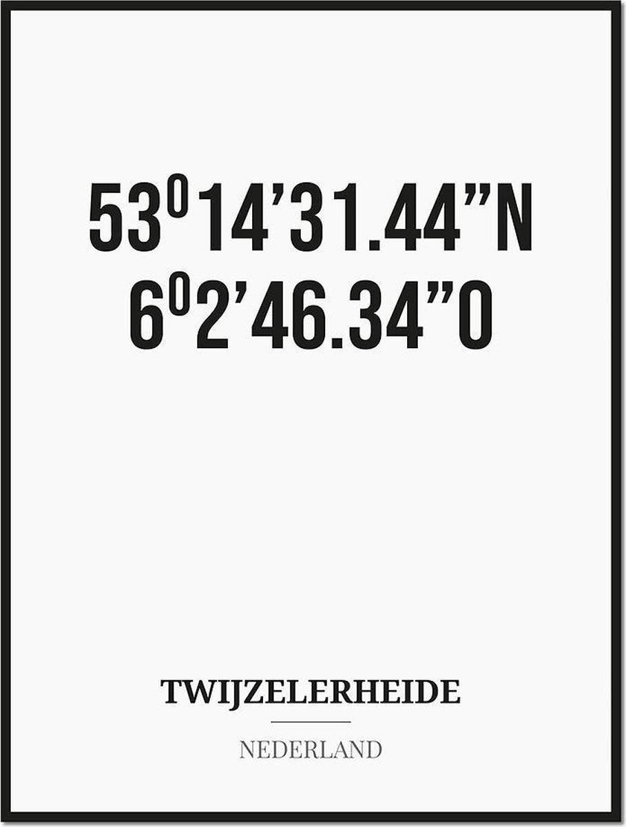 Studio216 Poster/kaart TWIJZELERHEIDE met coördinaten zwart, wit