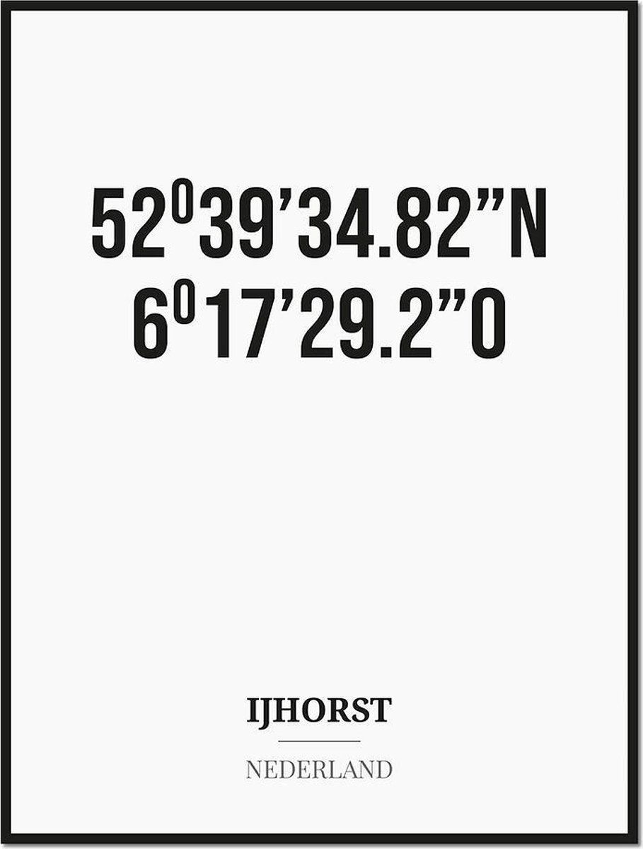 Studio216 Poster/kaart IJHORST met coördinaten zwart, wit
