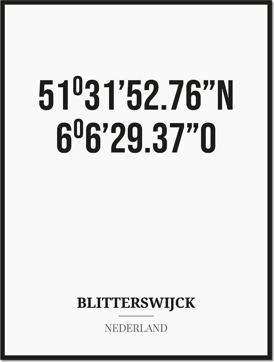 Studio216 Poster/kaart BLITTERSWIJCK met coördinaten zwart, wit