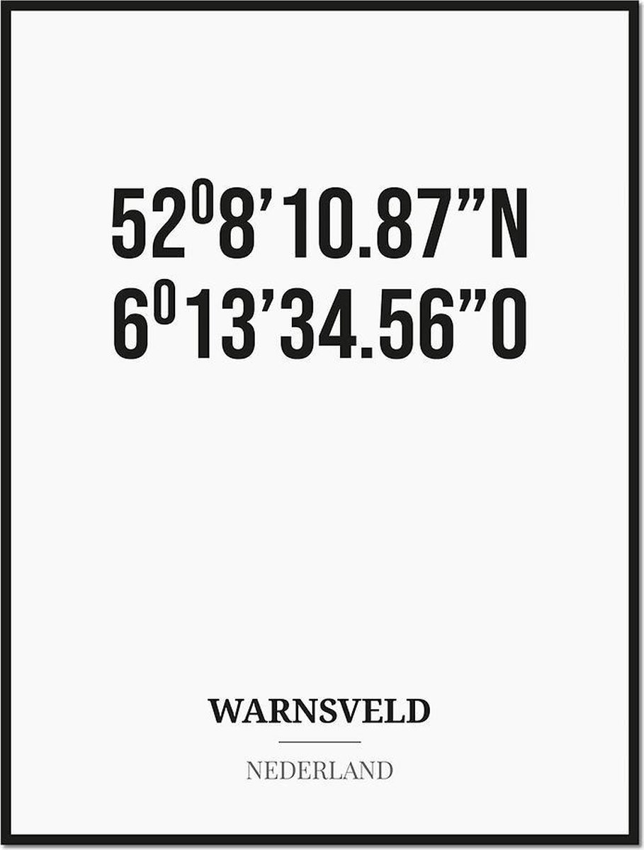 Studio216 Poster/kaart WARNSVELD met coördinaten zwart, wit