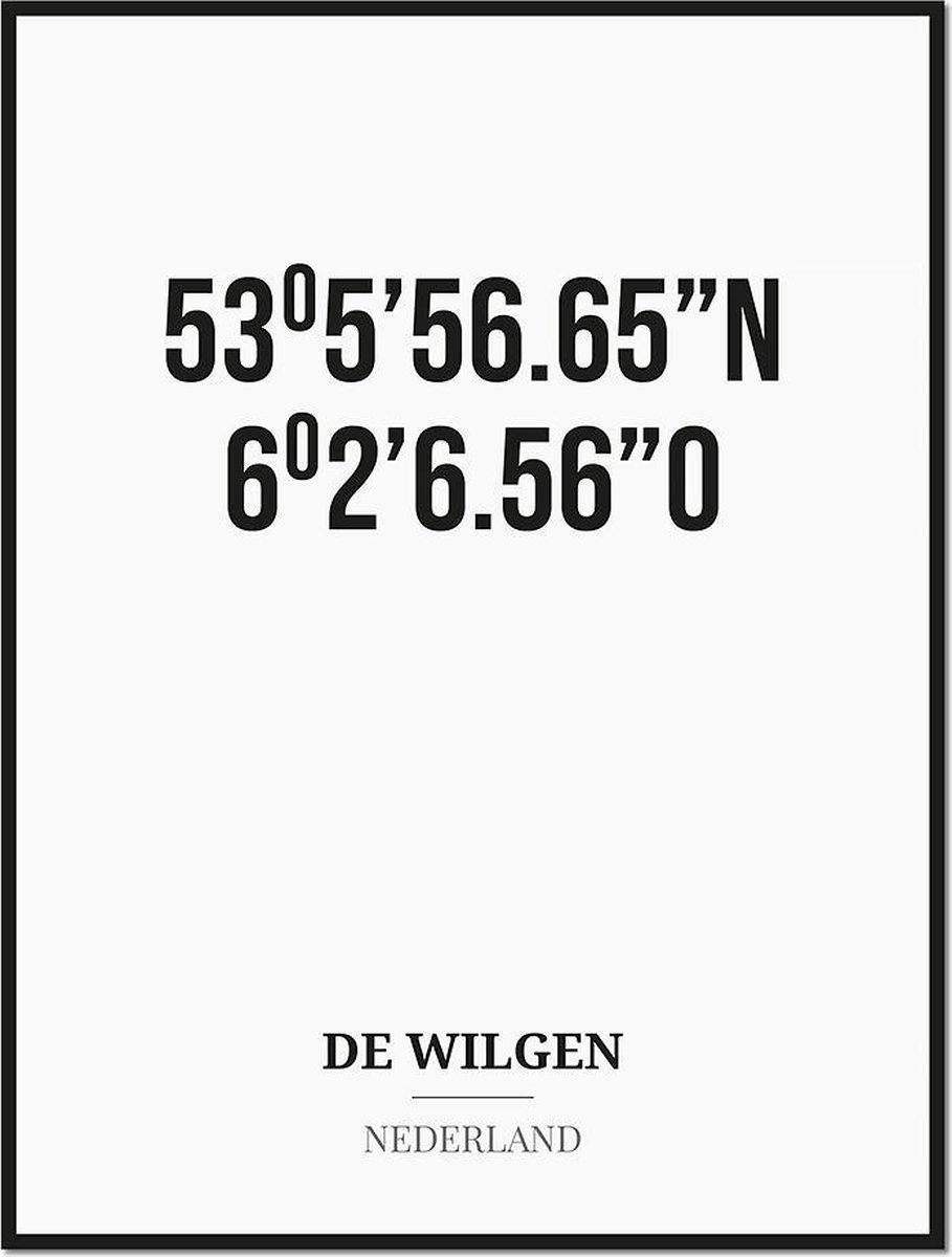 Studio216 Poster/kaart DE WILGEN met coördinaten zwart, wit