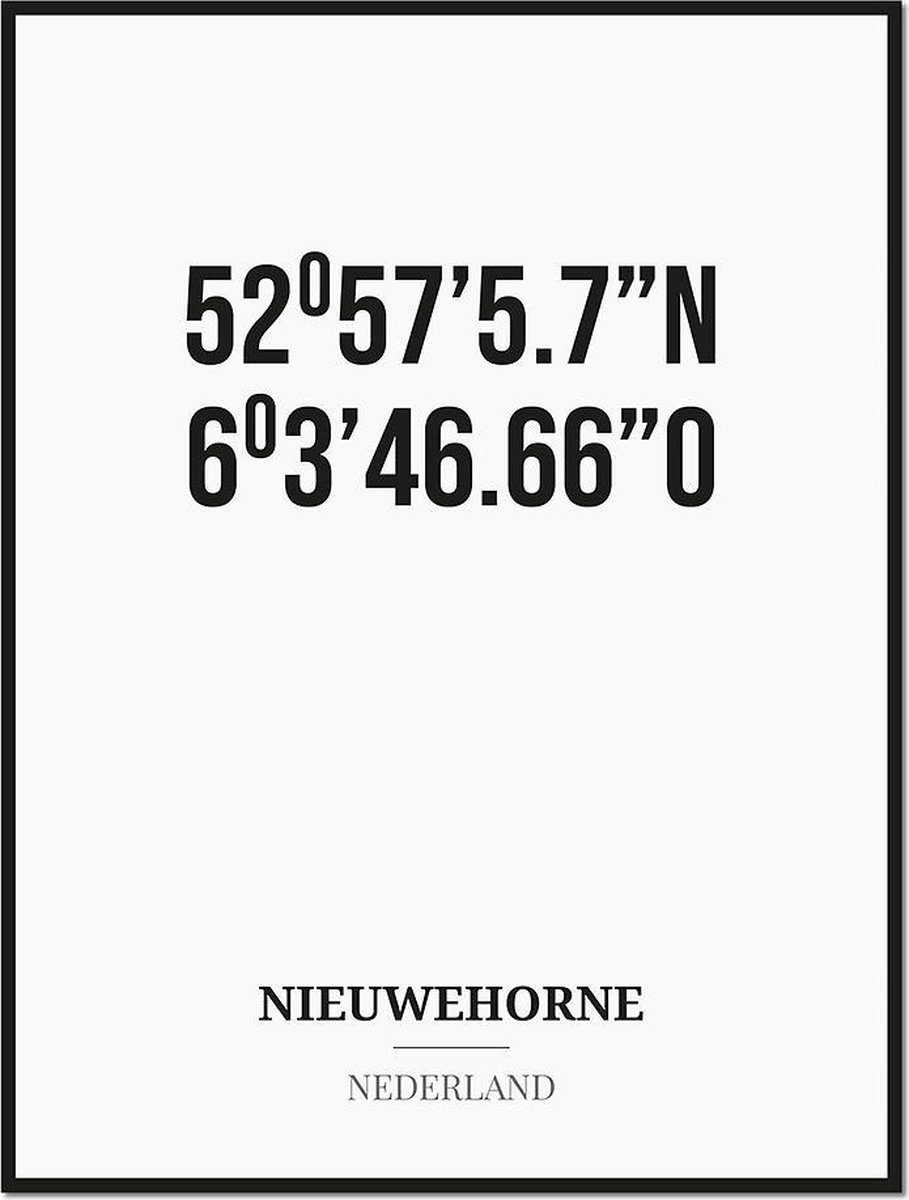 Studio216 Poster/kaart NIEUWEHORNE met coördinaten zwart, wit