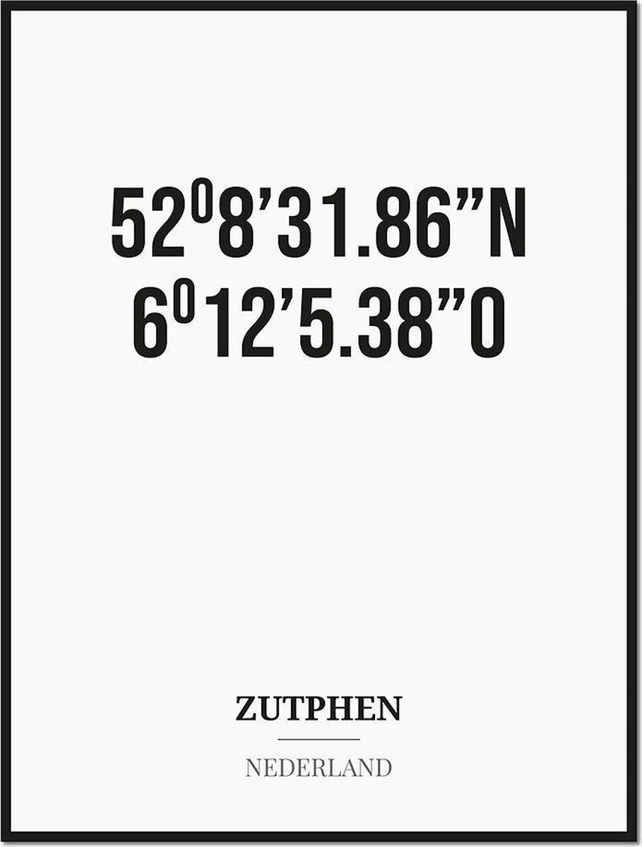 Studio216 Poster/kaart ZUTPHEN met coördinaten zwart, wit