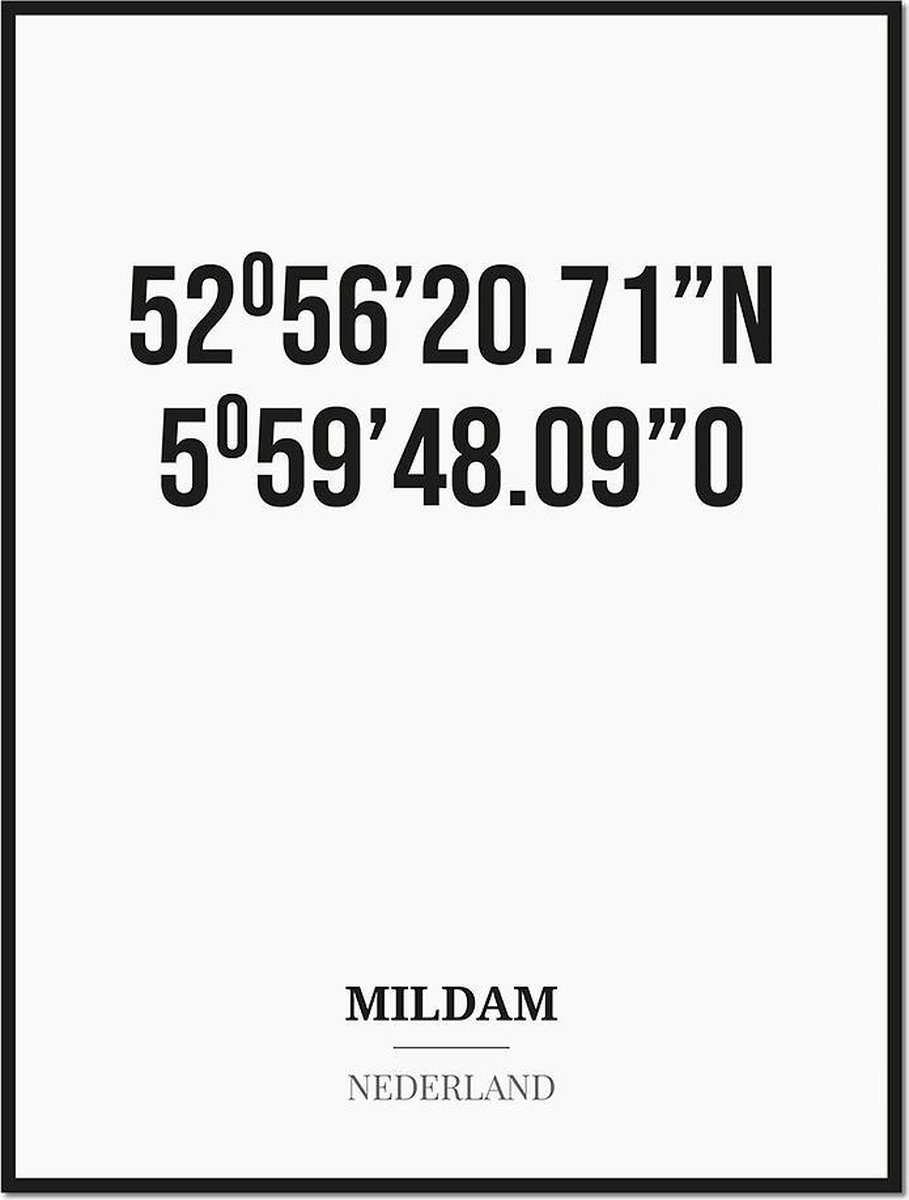 Studio216 Poster/kaart MILDAM met coördinaten zwart, wit