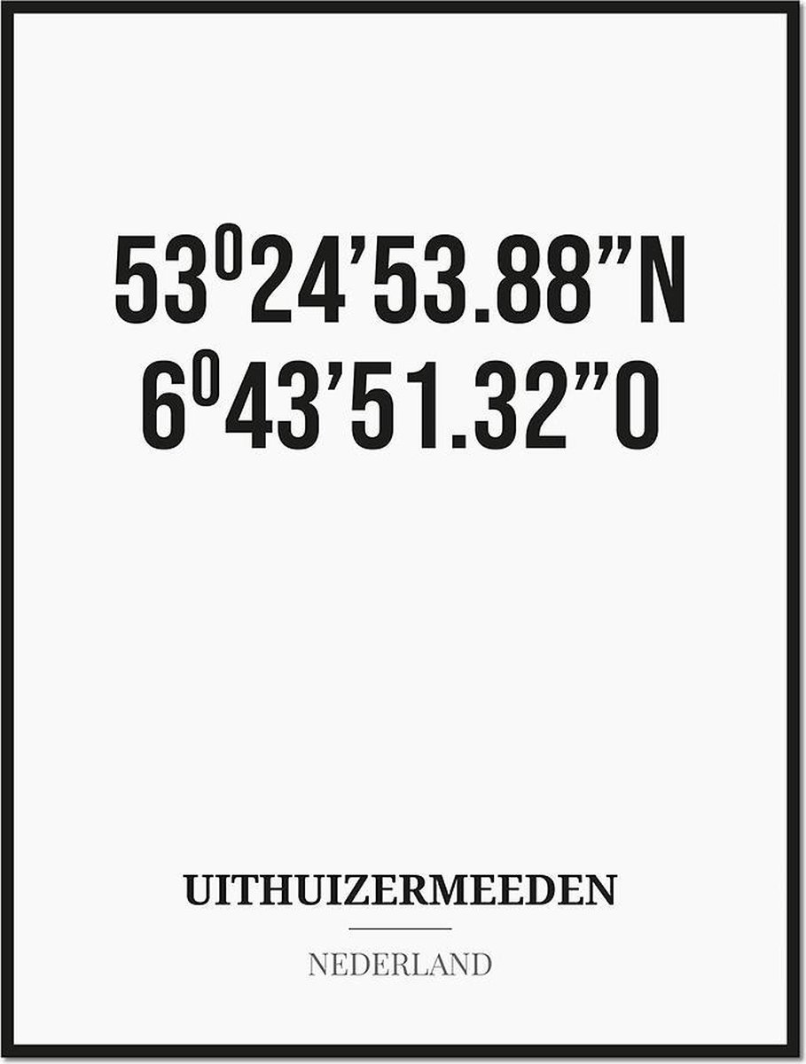 Studio216 Poster/kaart UITHUIZERMEEDEN met coördinaten zwart, wit