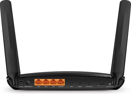 Achterkant van de zwarte TP-Link router met LED-indicatoren, vier LAN-poorten, WAN/LAN-poort en micro-SIM-kaartsleuf.