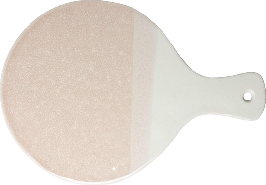 Rond, roze en wit gespikkeld serveerplateau met handvat.