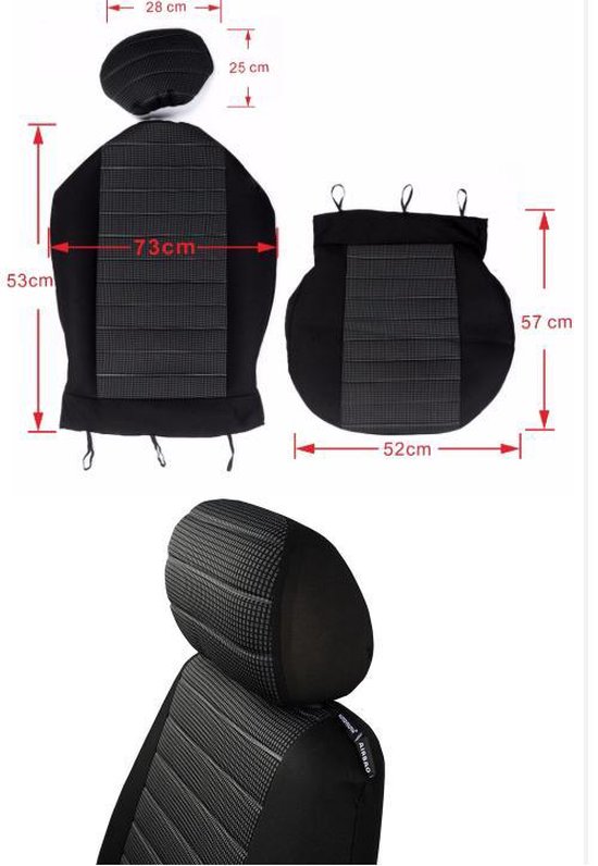 Afmetingen van de zwarte autostoelhoes met grijs ruitpatroon en hoofdsteun, inclusief 73x53cm stoelhoes.
