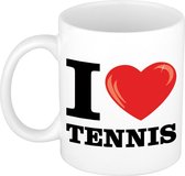 I love tennis wit met rood hartje koffiemok / beker 300 ml - keramiek - cadeau voor sport / tennis liefhebber