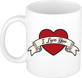 I love you cadeau koffiemok / theebeker wit met hartjes - 300 ml - keramiek - Valentijnsdag / bruiloft - bekers / mokken