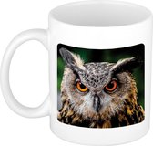 Bruine Oehoe uil koffiemok / theebeker wit 300 ml - keramiek - uilen / owls - cadeau beker / vogelliefhebber mok