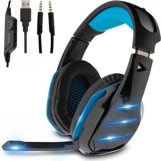 LifeGoods Gaming Headset met Microfoon – Noise Reducing – 3,5 mm Jack en USB – Blauw/Zwart