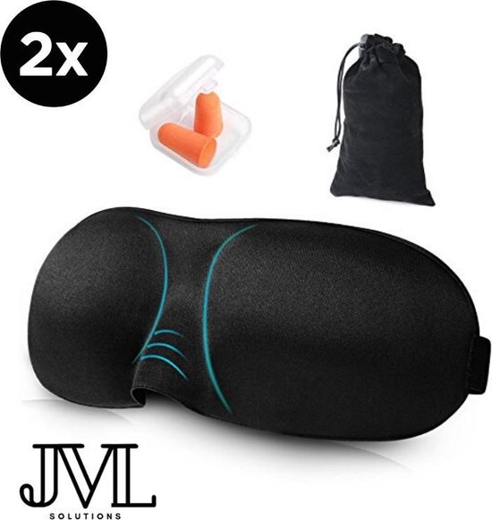 JML Luxe Slaapmasker - 2 stuks - Oog Masker- Opbergtasje - Nachtmasker - Blinddoek - 3D - 100% Verduisterend - Traagschuim - 4 Gratis Oordoppen - Slaapbril - Slaap - Meditatie - Yoga - Reis - Ontspanning - Opbergzakje - Zwart - Slaapmasker Set