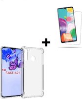 Geschikt voor Samsung Galaxy A21 hoes TPU Silicone Case hoesje met versterkte randen Transparant + Screenprotector Tempered Gehard Glas Pearlycase