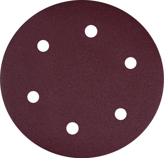 Ronde, rode schuurschijf met klittenbandbevestiging en vijf cirkelvormige gaten.