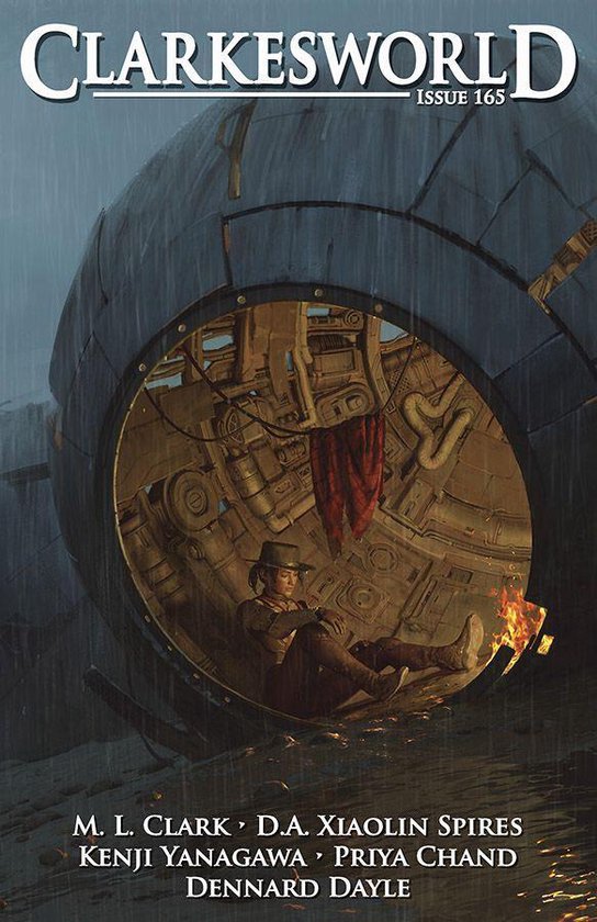 Clarkesworld Magazine Issue 165 met een man in een steampunk-outfit zittend in een groot rond metalen object.