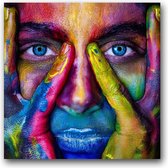 MN Collections - Schilderij - Face Photography. - Blauw, Geel En Paars - 70 X 70 Cm