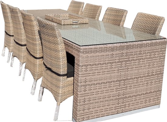 Contract ondernemen Geweldig Tuin eettafel met 8 stoelen - 275 x 100 cm - 8 persoons - Cappuccino  vlechtwerk | bol.com