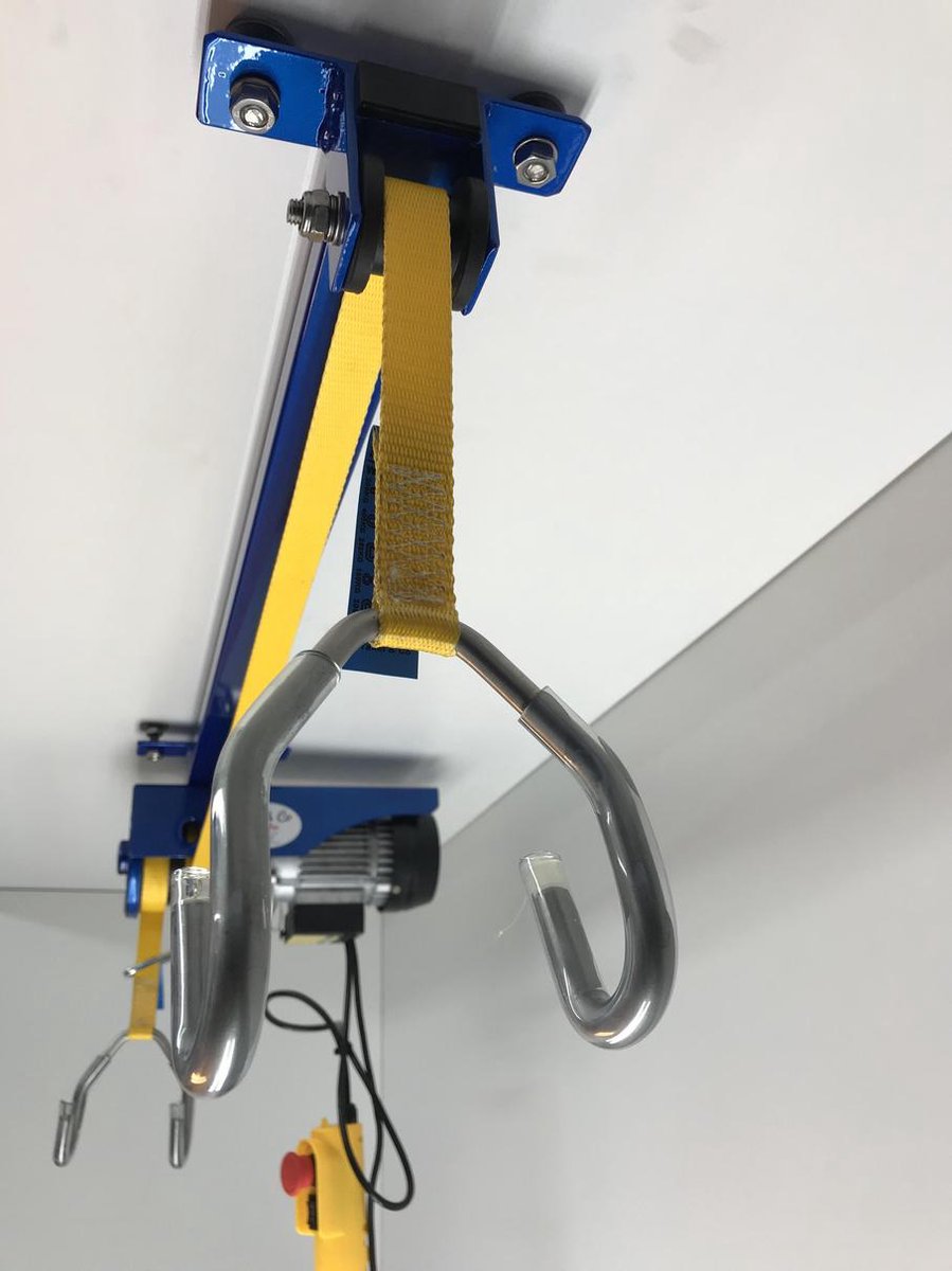 Takel en Co Electrische Fietslift blauw met gele hijsbanden 125kg met CE-Keur certificering