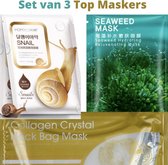 Set van 3 top maskers:  1 Slakken Gel Gezichtsmasker / 1 Zeewier Gel Gezichtsmamasker / 1 Collageen Halsmasker. Verjongt, hydrateert en herstelt de huid. Geschikt voor alle huidtypes.