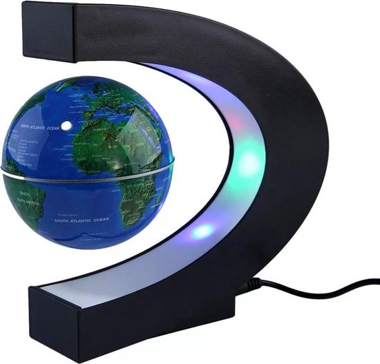 Globe flottant - Avec éclairage LED - Rotatif magnétique - Carte du monde - 8,5 cm - Noir