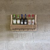 Maikku | Wijnrekken | Houten wijnrek | Steigerhout | 60cm breed | 5 hangende glazen | 6 wijnflessen