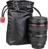 Zacht PU-leer + Villus opbergtas met vasthoudsnoer voor cameralens, afmeting: 100 mm x 65 mm x 190 mm