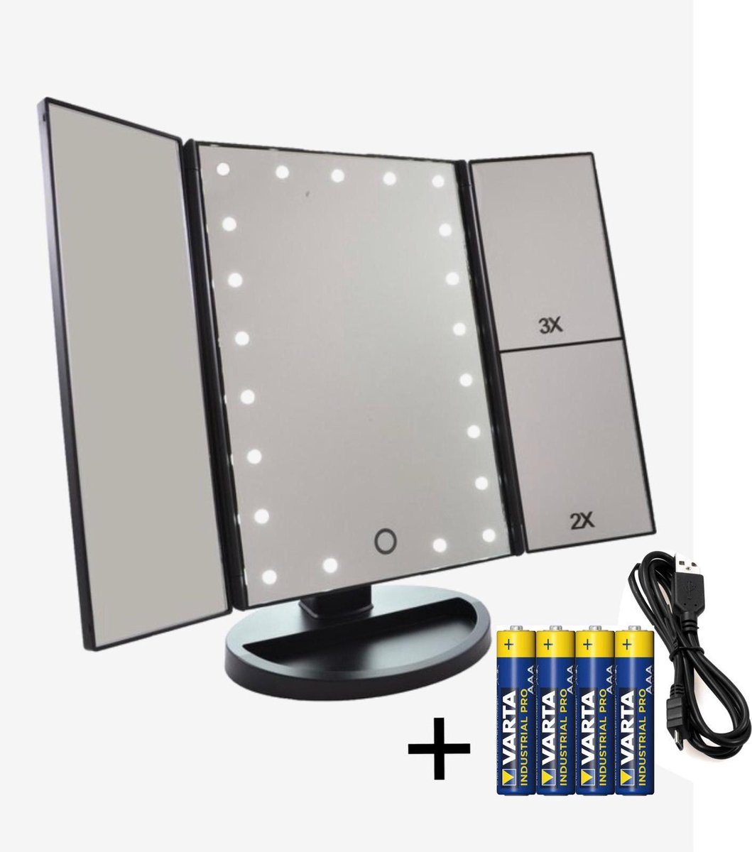 RoRo LIving zwarte stijlvolle make-up spiegel met LED verlichting 2x en 3x vergroting inclusief batterijen en usb kabel