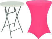 Statafel + Roze Statafelrok – 80 cm Dia x 110 cm hoog – Cocktailtafel – Hoge staan tafel – Breed Blad – Inclusief Roze Statafelhoes – Staantafelrok Stretch R
