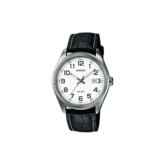 Montre Casio avec cadran blanc, bracelet noir en cuir de crocodile et boîtier argenté.