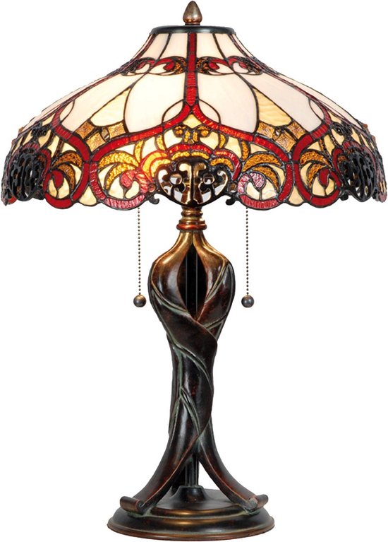 LumiLamp Tiffany Tafellamp Ø 41x56 cm Beige Rood Glas Driehoek Tiffany Bureaulamp