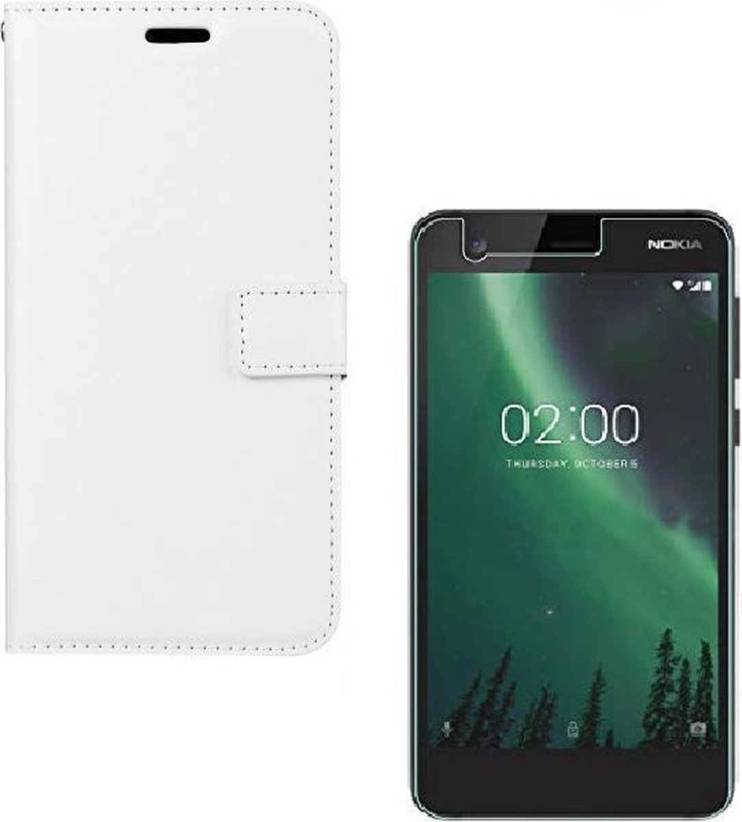 hoesje Geschikt voor: Nokia 2 Portemonnee Wit met 2 stuks Glas Screen protector