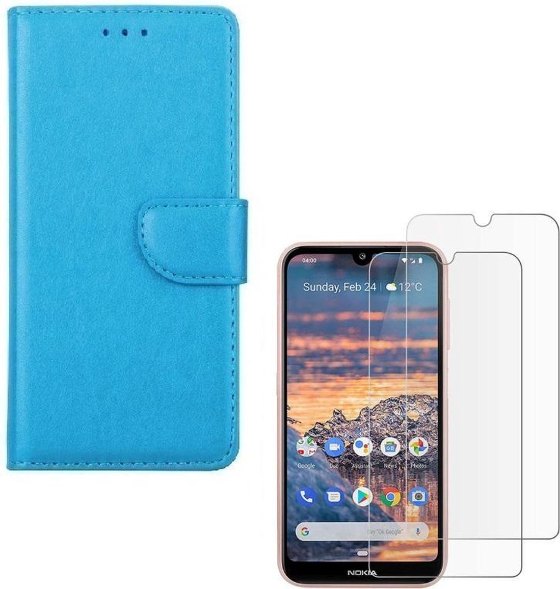 hoesje Geschikt voor: Nokia 2.3 Portemonnee Turquoise met 2 stuks Glas Screen protector