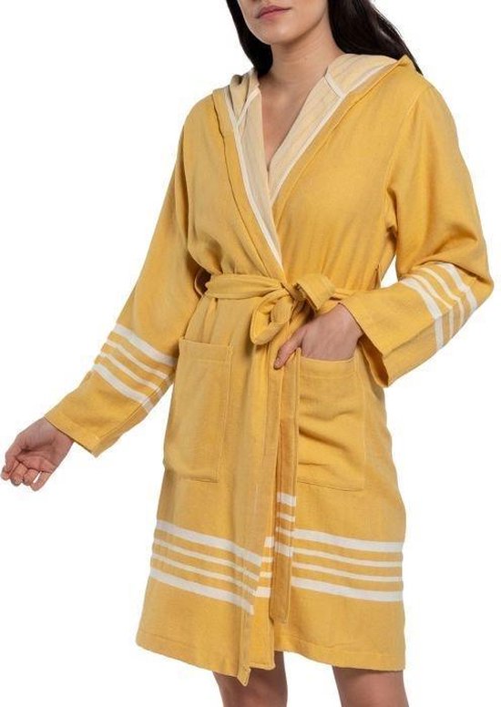 functie behandeling spanning Hamam Badjas Sun Mustard Yellow - M - korte sauna badjas met capuchon -  ochtendjas -... | bol.com