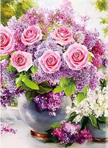 Diamond painting - Roze rozen in vaas - Bloemen - Hobby - Diamond schilderen - Volwassen - Kinderen - Stil leven - Roze - 20x30cm
