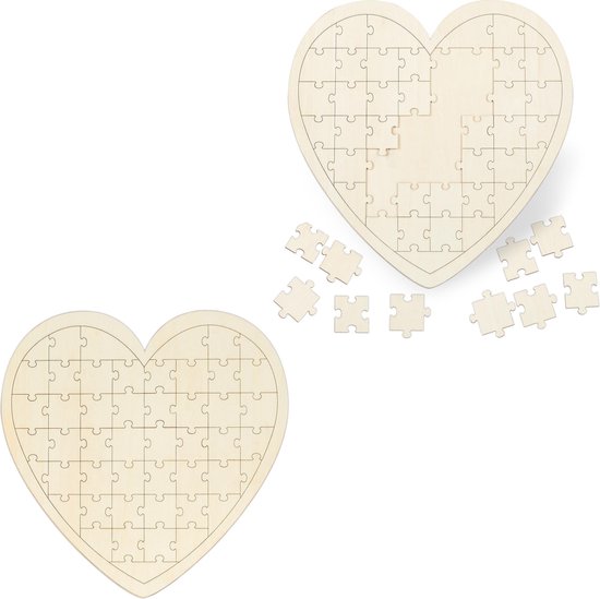 Relaxdays 2x hart puzzel huwelijk - blanco puzzel - hout - gastenboek bruiloft – diy