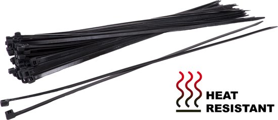 Kabelbinders/tyraps Hittebestendig zwart. 300mm x 4.8mm. 1x100 stuks. + Kortpack pen (099.0887)