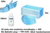 VOORDEELSET 50 stuks Mondkapjes + 100 stuks Nitrile Handschoenen maat M blauw + 500 ml baktolin zeep