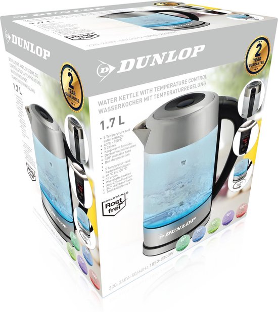 DUNLOP waterkoker met temperatuurregeling met LED kleuren 1,7l DUNLOP waterkoker met temperatuurregeling met LED kleuren 1,7l