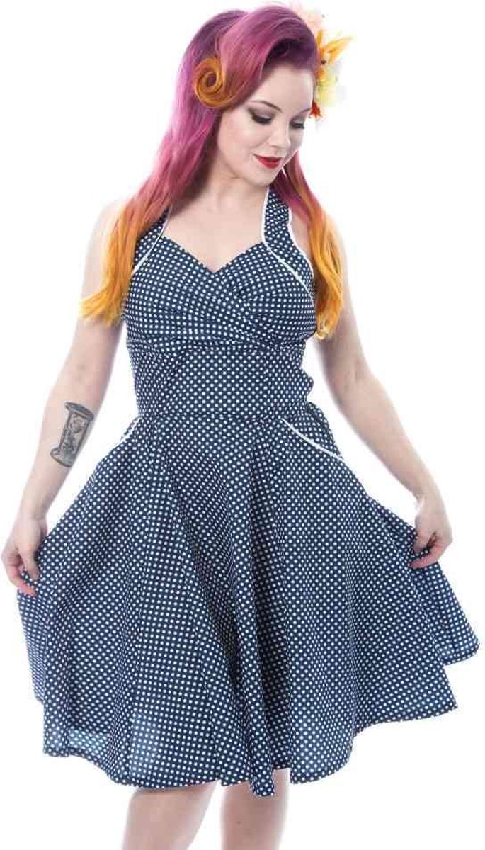 Rockabella - GRACE Flare jurk - L - Blauw/Wit