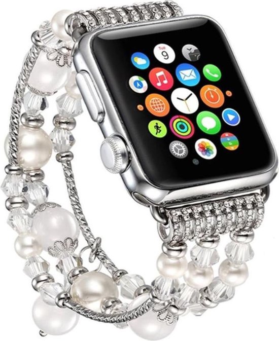 Geschikt voor Apple Watch 1 / 2 / 3 / 4 / 5 / 6 / 7 / 8 / 9 / SE 41MM / 40MM / 38MM Bandje Kralen en Parel Armband Zilver Wit