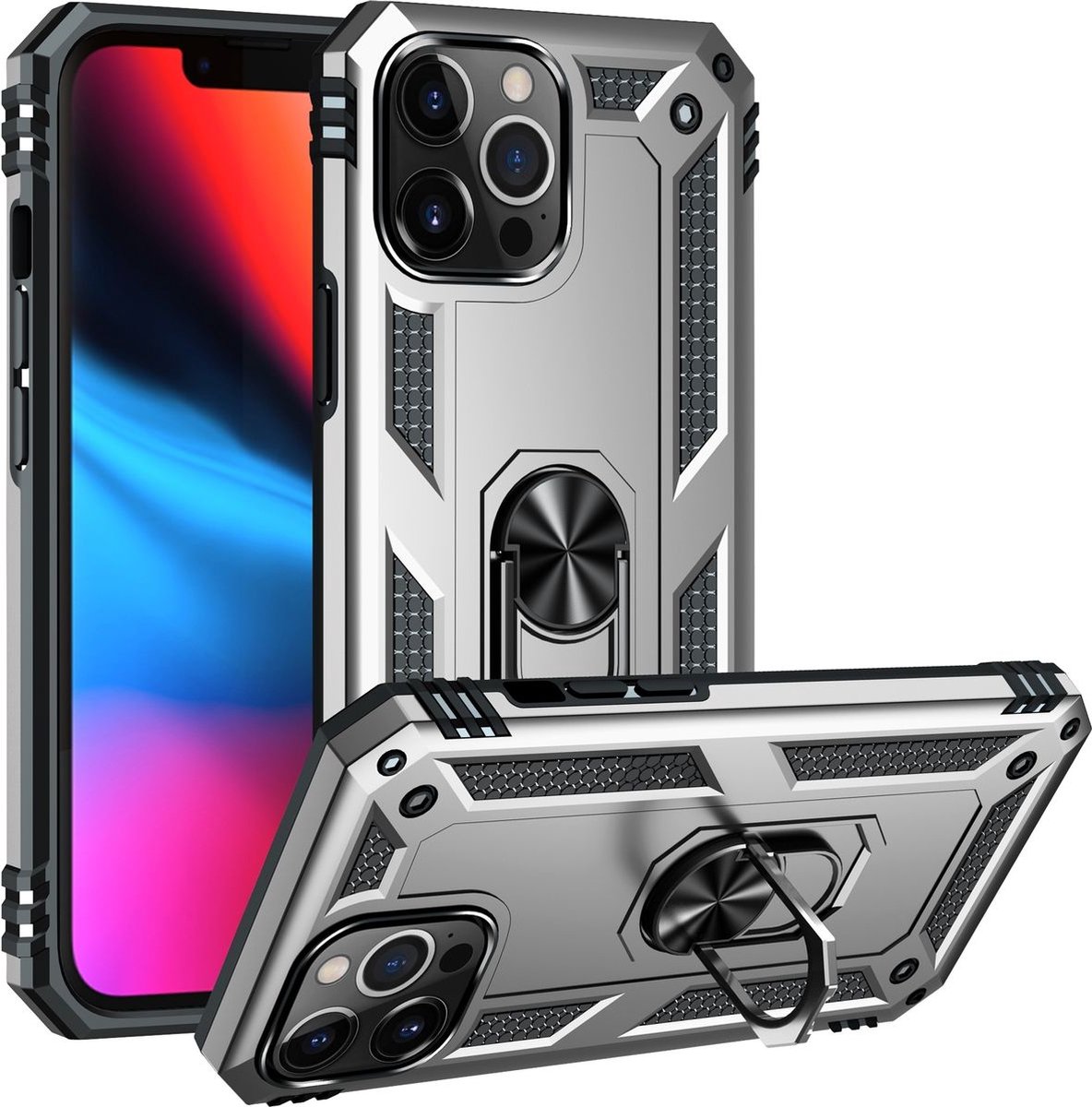 Mobigear Hoesje geschikt voor Apple iPhone 14 Pro Telefoonhoesje Hardcase | Mobigear Armor Ring Backcover Shockproof met Ringhouder | Schokbestendig iPhone 14 Pro Telefoonhoesje | Anti Shock Proof - Zilver