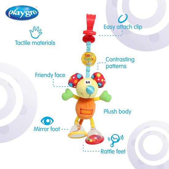Illustratie van Mimsy de Muis met labels 'Friendly face', 'Mirror foot', 'Rattle feet', 'Tactile materials', 'Contrasting patterns', 'Plush body', 'Easy attach clip'.