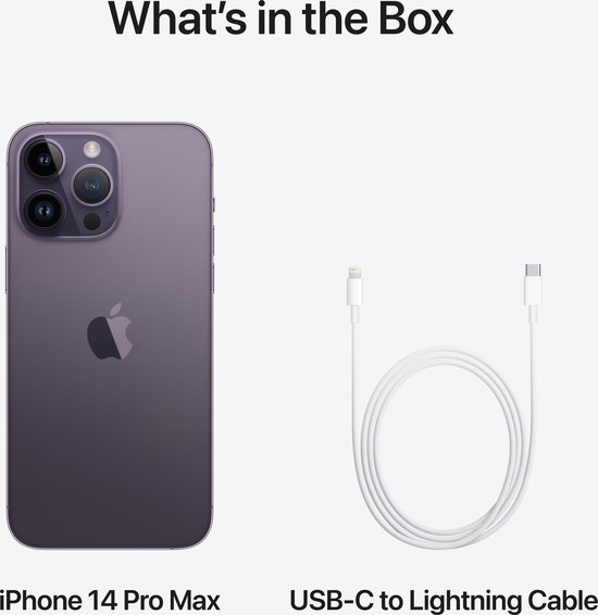 Diep paarse iPhone 14 Pro Max en USB-C naar Lightning kabel.